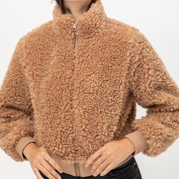 NEW Camel Cozy Soft Fluffy Fur Teddy Bomber Jacket - Picture 6 of 10